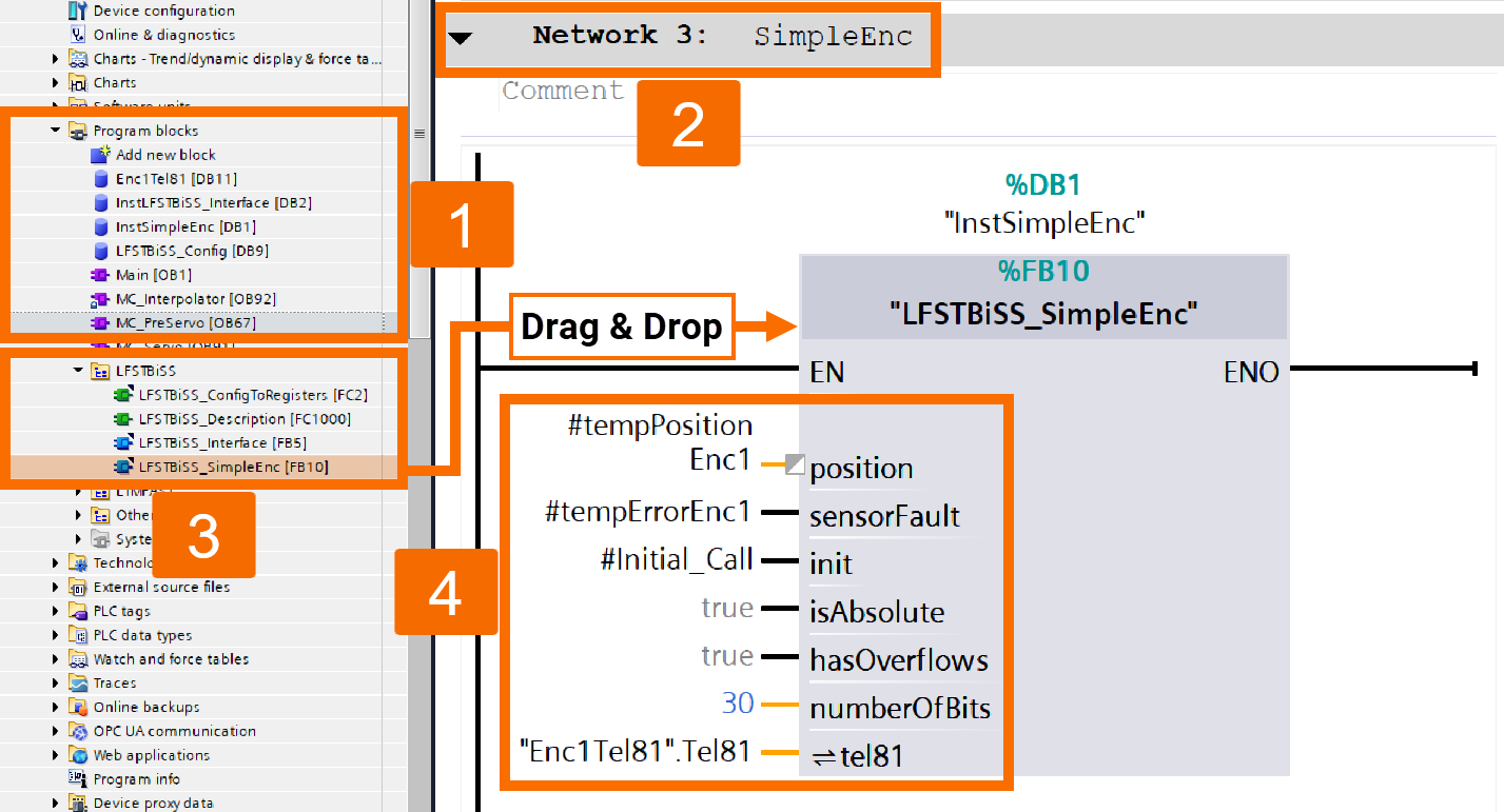 Figure 8.4: BiSS C encoder setup with S7-1500 PLC - Adding SimpleEnc function block