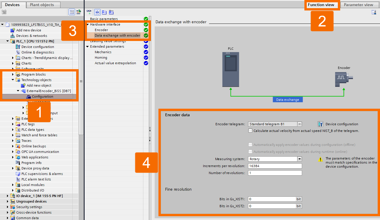 Figure 8.6: BiSS C encoder setup with S7-1500 PLC - Configuring encoder data exchange