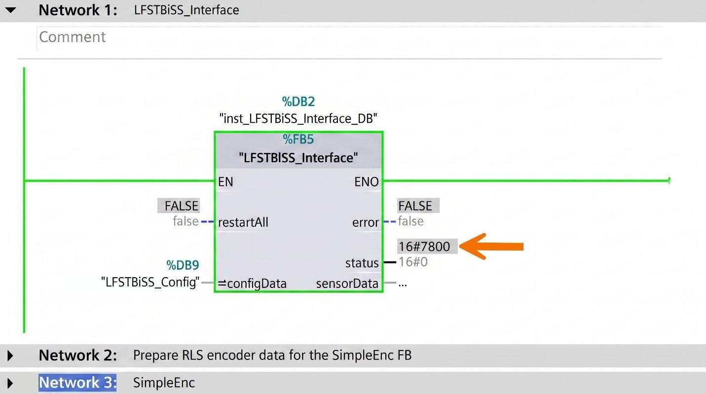 Figure 9.3: BiSS C encoder setup with S7-1500 PLC - Checking encoder communication status