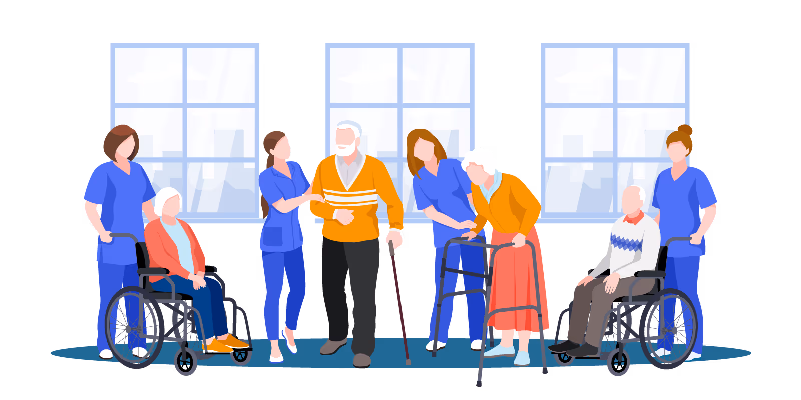 Multiple caregivers with their patients.