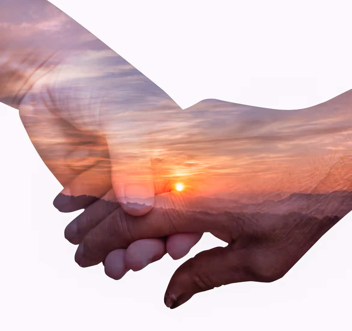 A hand holding another hand with a sunset in the background.