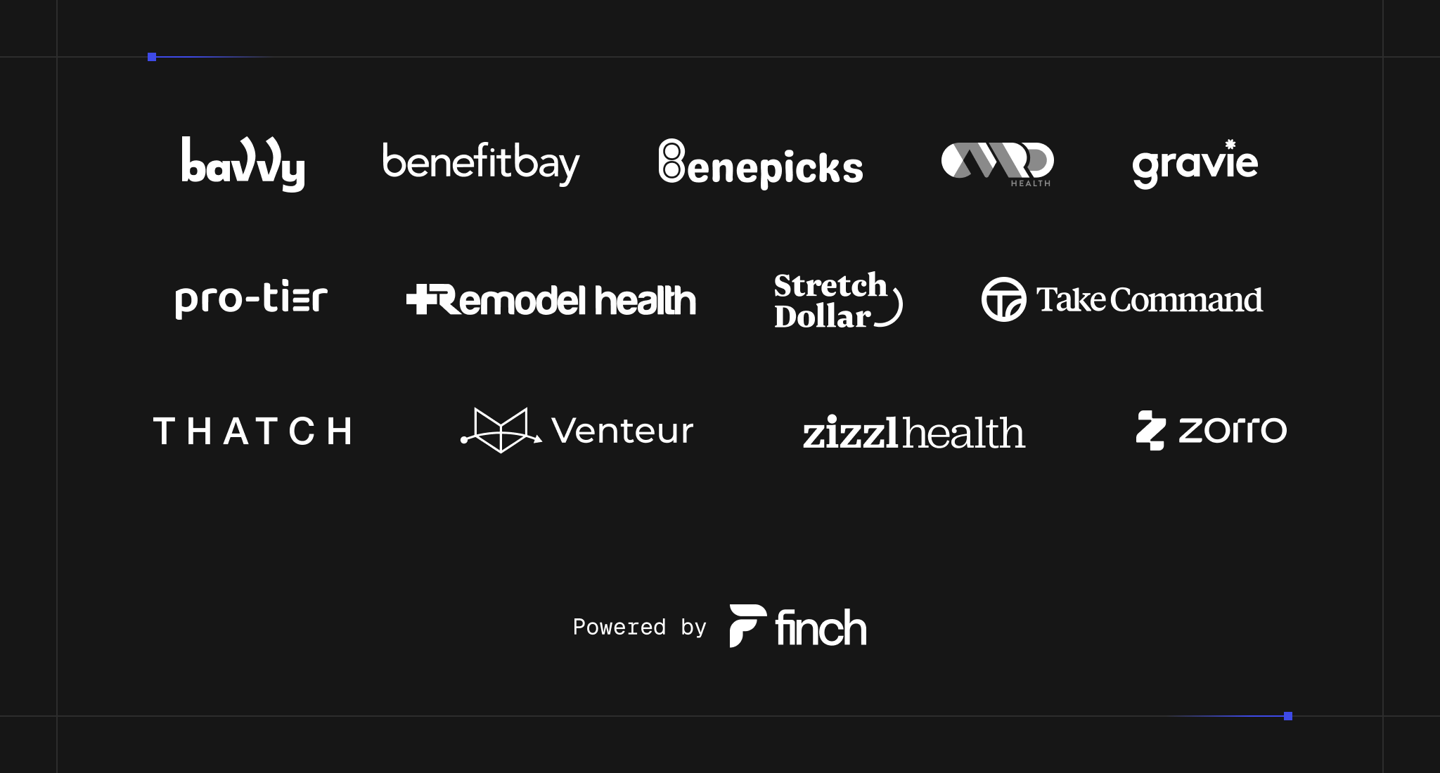 Logos of Finch partners and customers in health and benefits, including Bavvy, Benefitbay, Onepicks, Nird Health, Gravie, Pro-tier, Remodel Health, Stretch Dollar, Take Command, Thatch, Venteur, Zizzl Health, and Zorro, with the tagline 'Powered by Finch' at the bottom.