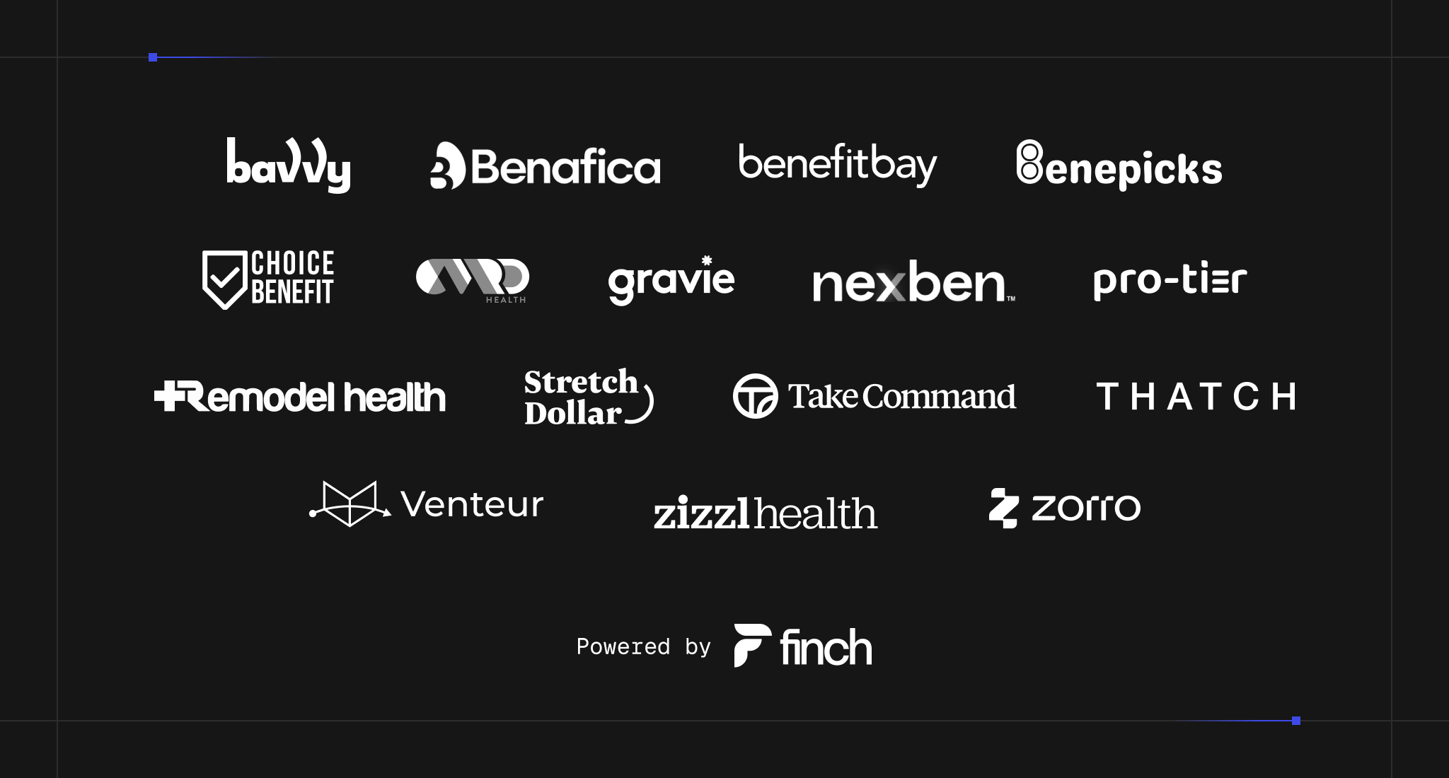 Logos of ICHRA platforms powered by Finch. Finch now supports a majority of ICHRA providers on the market.
