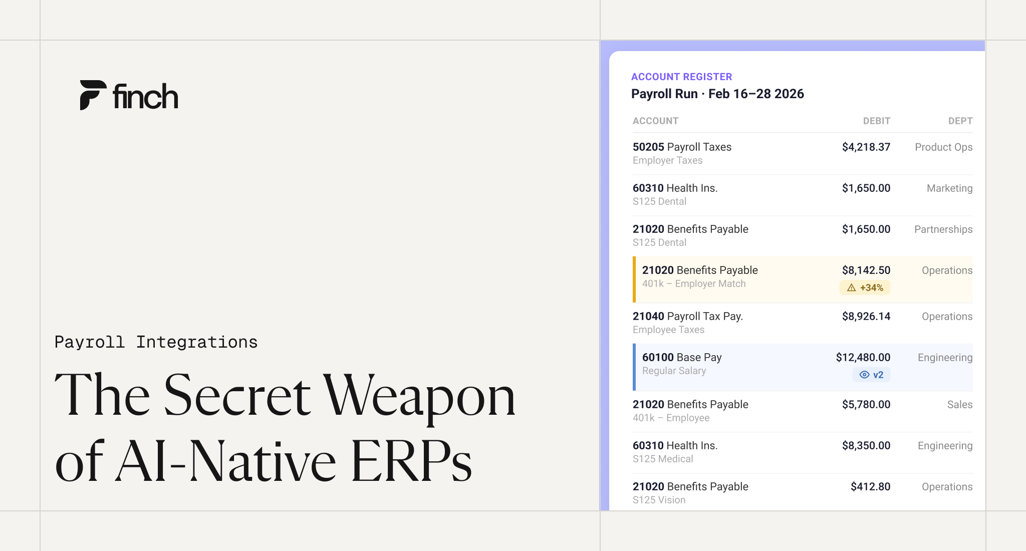 Finch blog cover image titled “Payroll Integrations: The Secret Weapon of AI-Native ERPs,” showing an AI-native ERP payroll integration interface with payroll ledger entries such as taxes, benefits, and base pay flowing into an ERP accounting register.