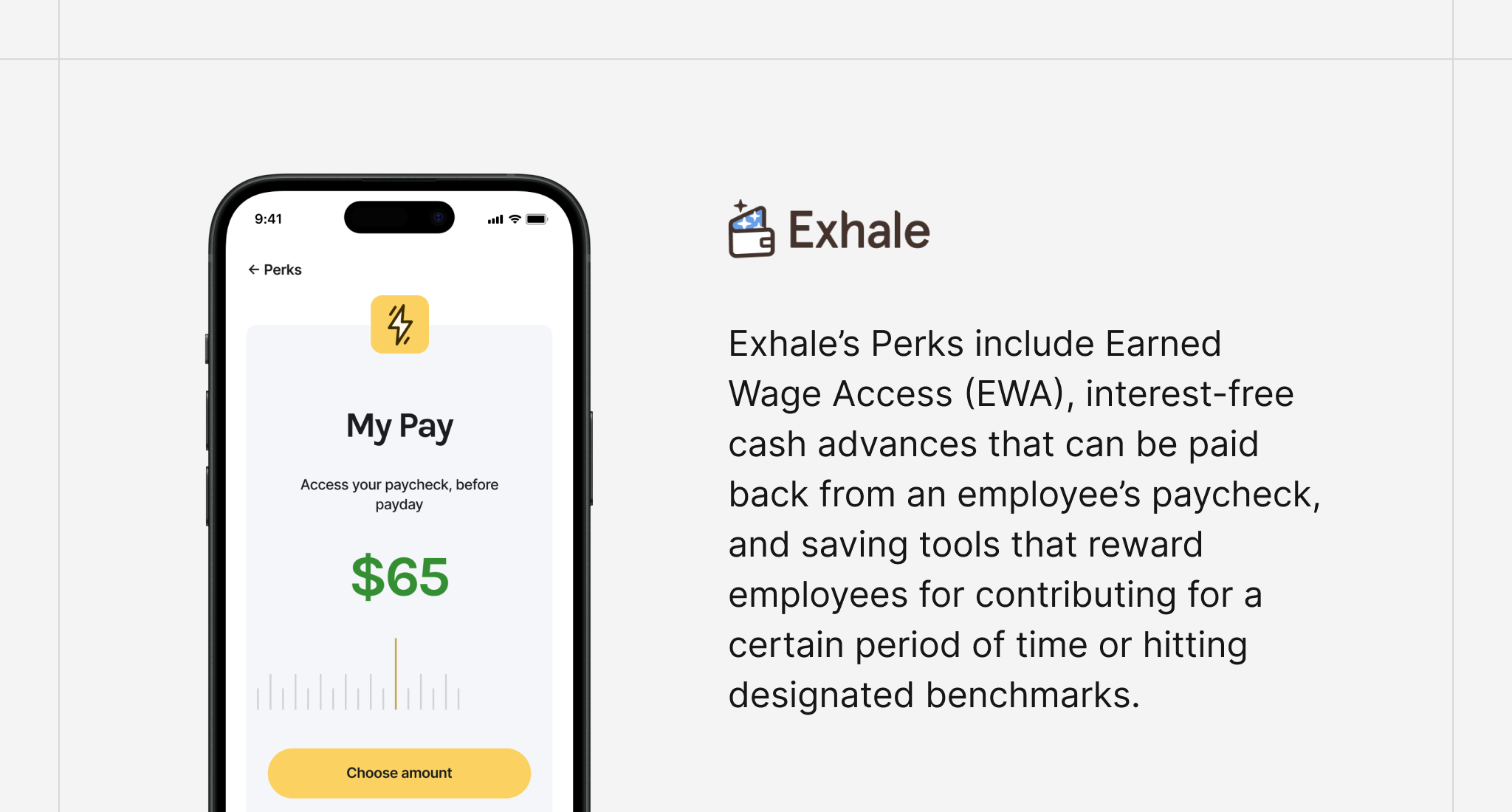 Exhale's financial wellness benefits include Earned Wage Access, interest-free cash advances, and saving tools.