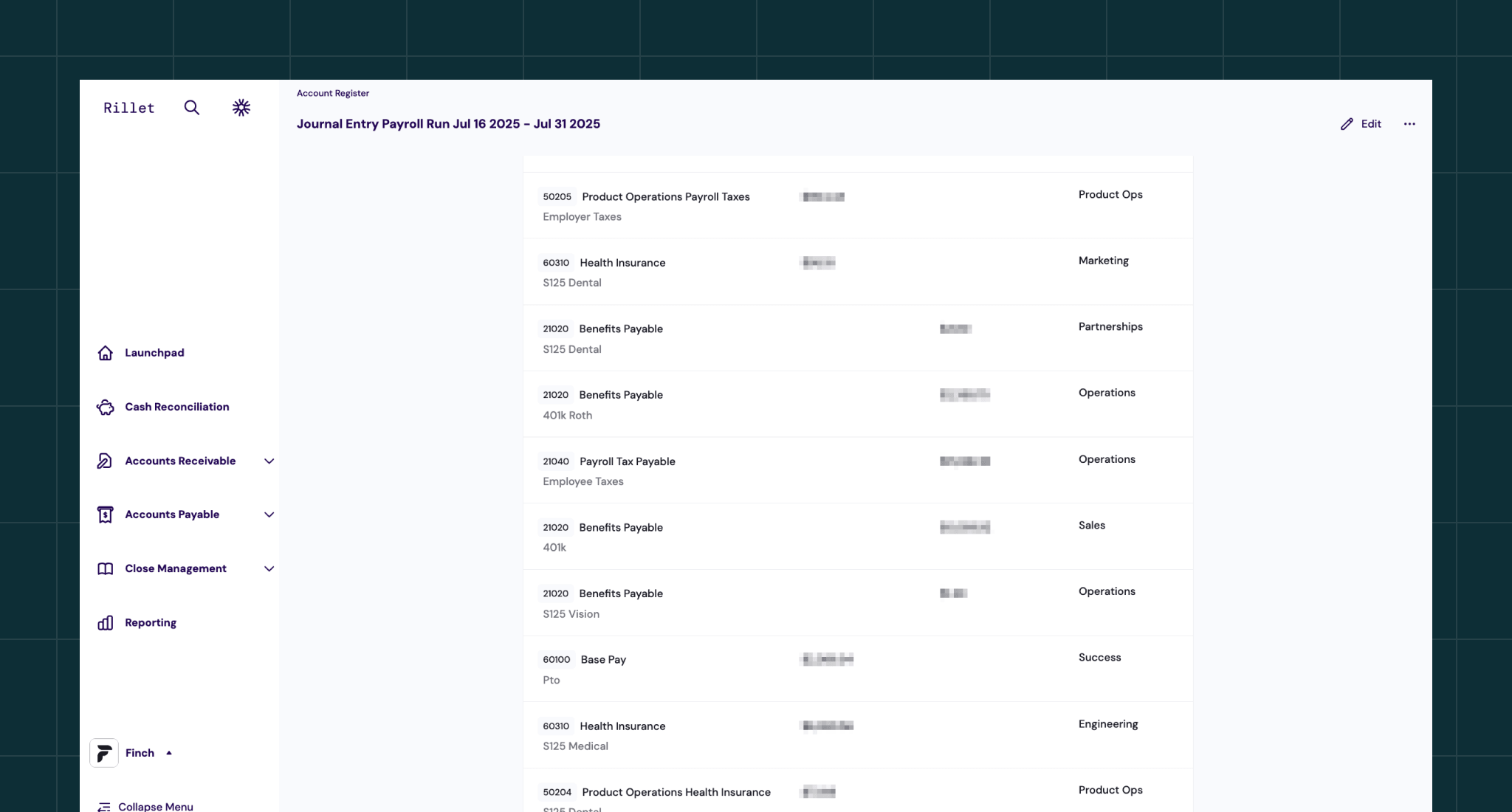 Rillet ERP platform showing an automated payroll journal entry with line-item cost allocation by department, including employer taxes, health insurance, benefits payable, and base pay mapped to departments like Product Ops, Marketing, Sales, and Engineering.