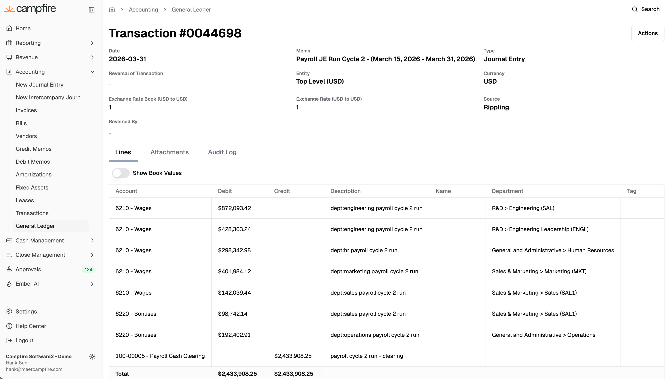 Campfire ERP platform displaying an automated payroll journal entry transaction with granular line items for wages, bonuses, and payroll cash clearing broken down by department, including R&D, Engineering, Sales & Marketing, and Operations.