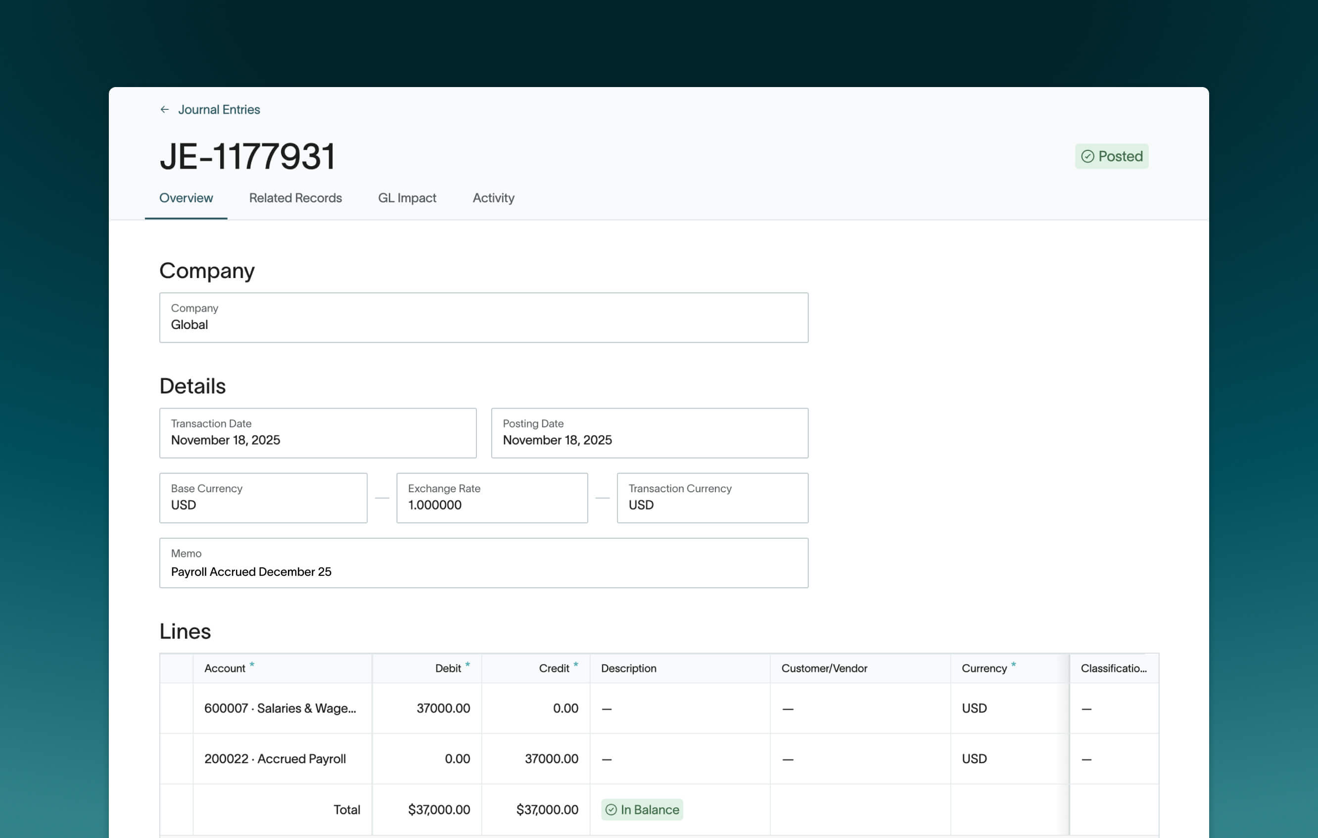 DualEntry platform showing a posted journal entry for automated payroll accrual reconciliation, with balanced debit and credit lines for Salaries & Wages and Accrued Payroll accounts in USD.