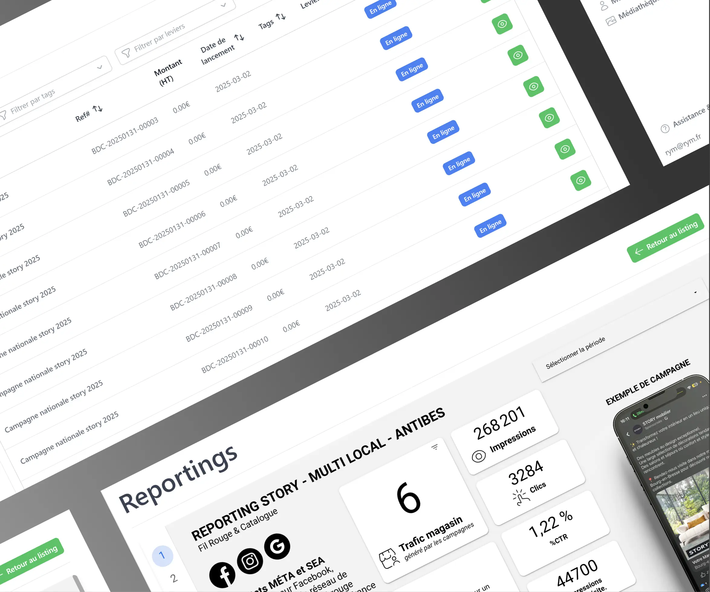 Tableau de bord numérique montrant un reporting de campagne multi locale pour Antibes avec statistiques d'impressions, clics, taux de clics, trafic magasin, et un exemple de campagne sur smartphone.