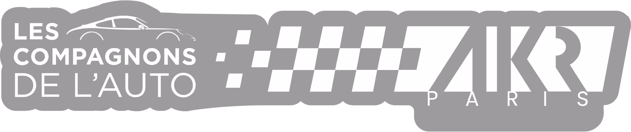 Logo Les Compagnons de l'Auto avec une silhouette de voiture, damier et texte AKR Paris.
