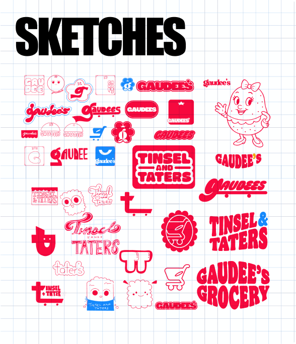 Sketches of logos and mascots, mostly potato-themed