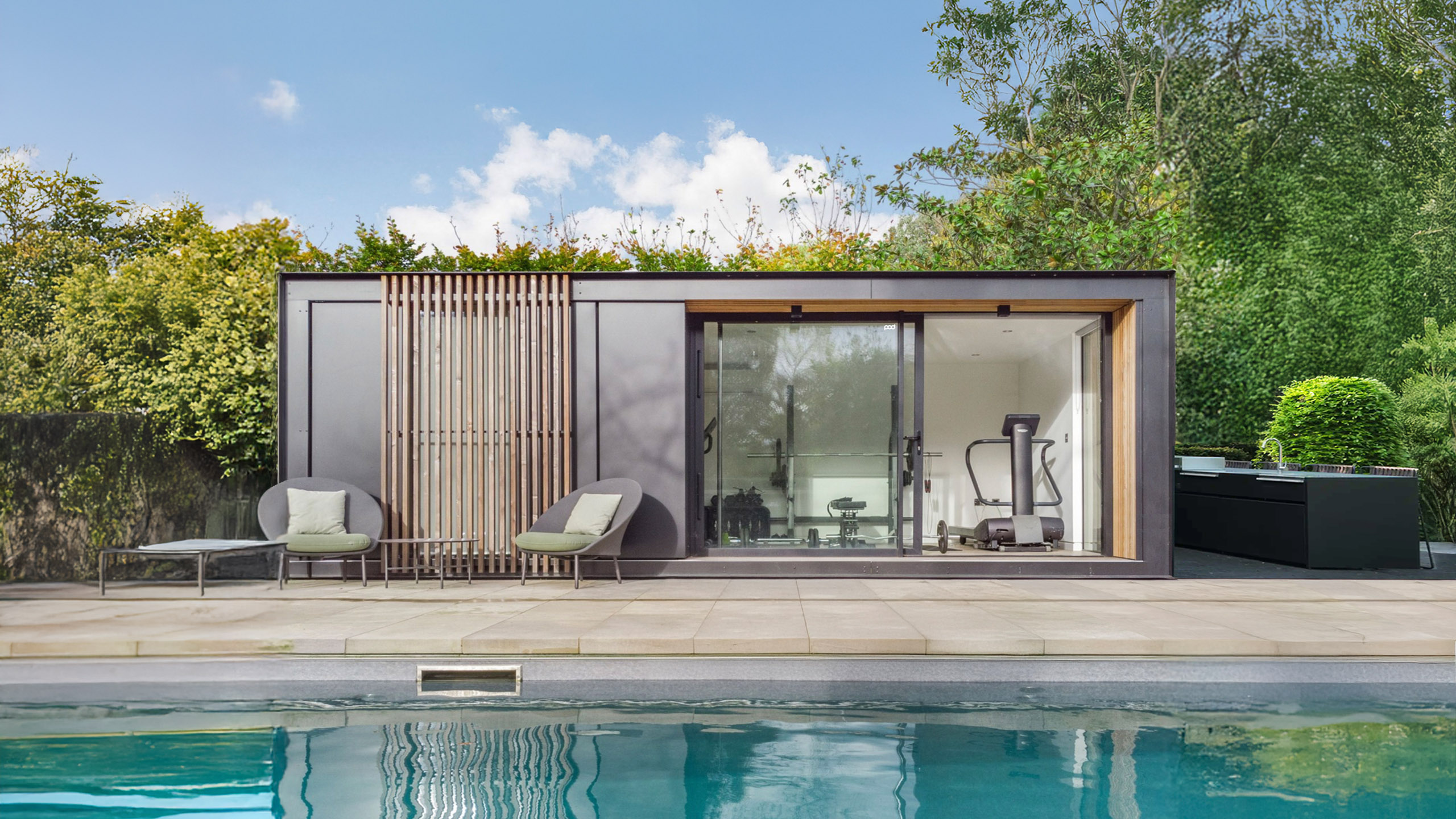 Contemporary garden gym pod with glass façade