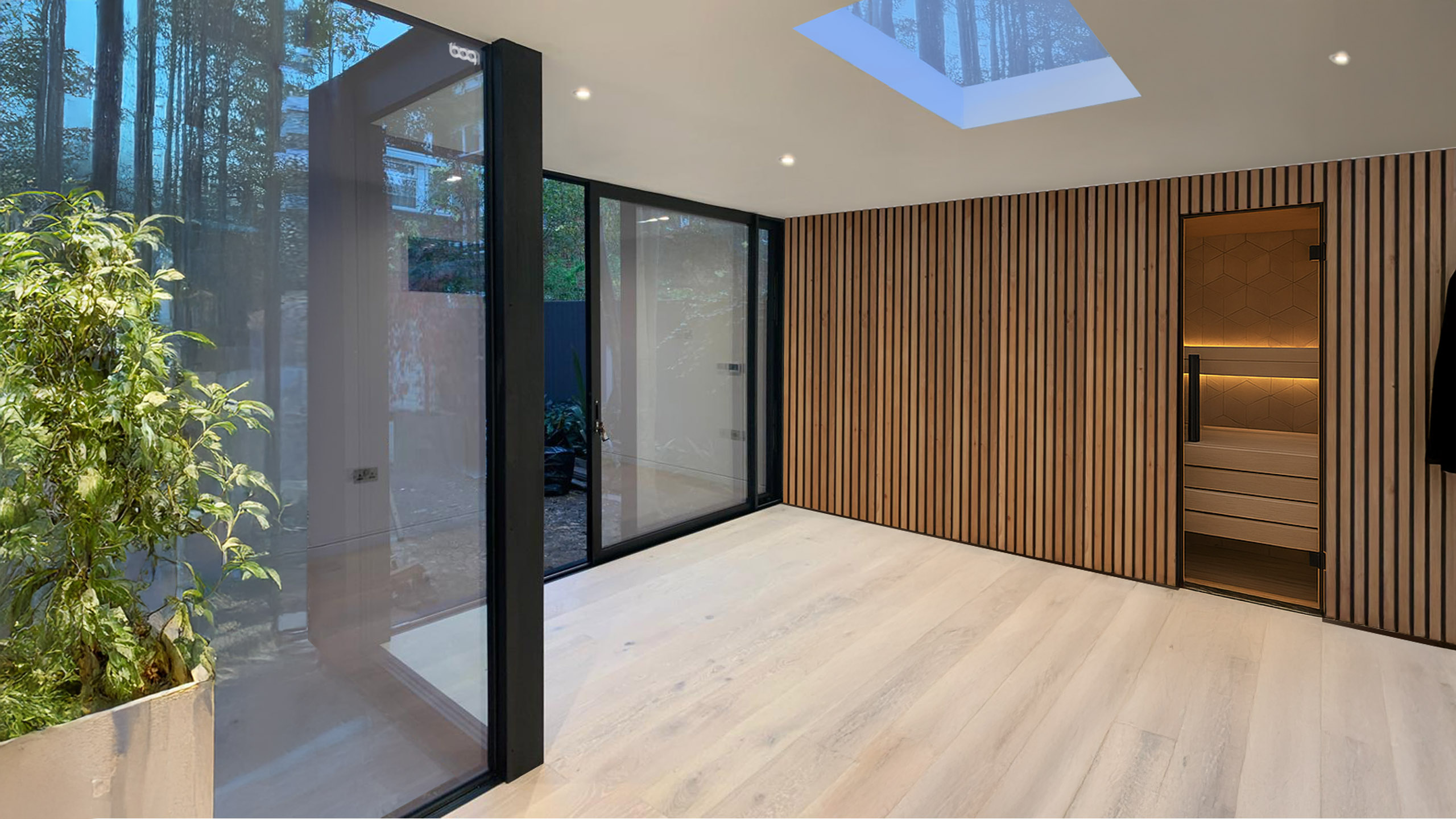 Interior sauna garden room with natural aesthetic, full height glazing and warm wooden panelled wall leading into sauna room.
