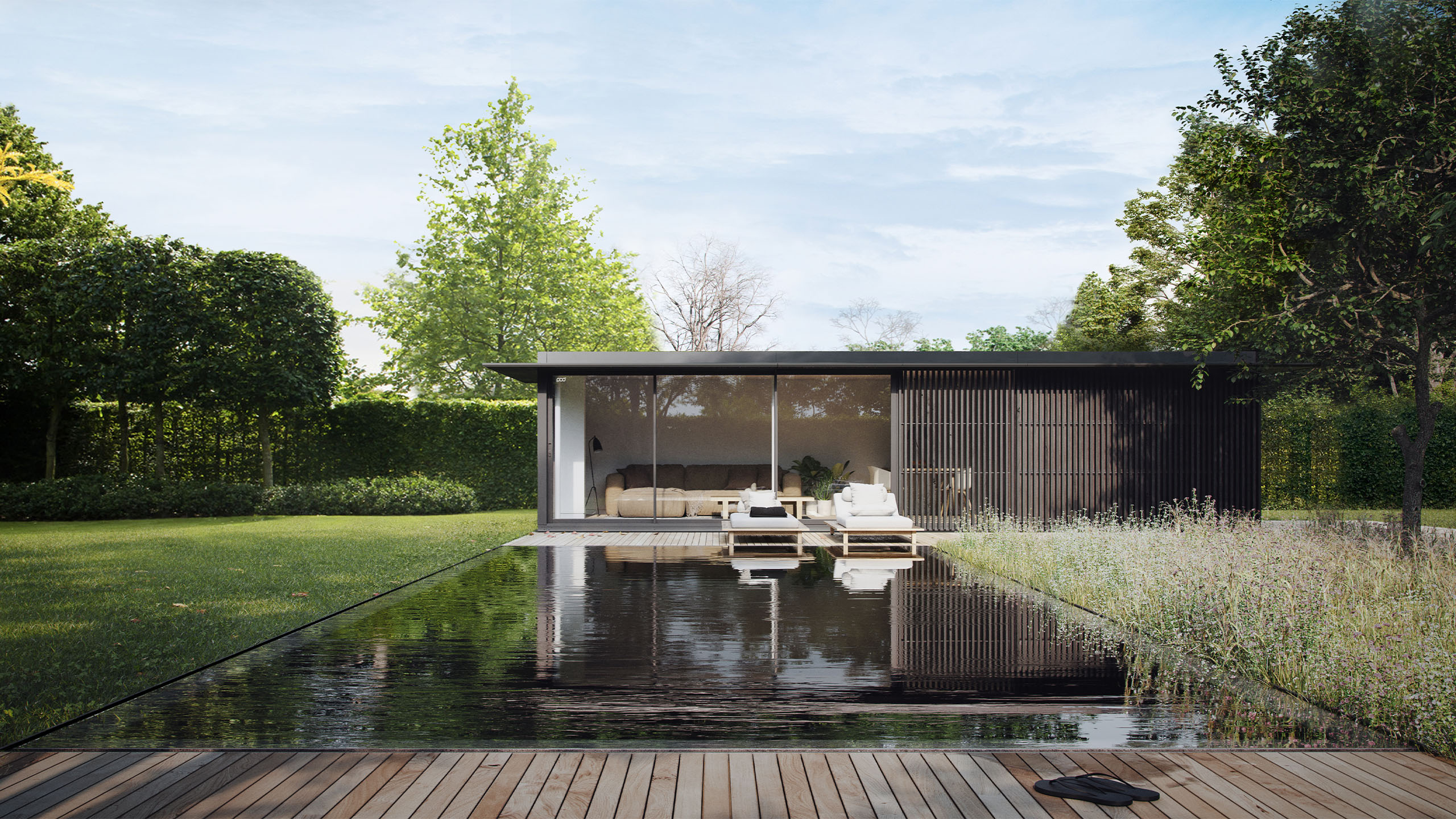 Contemporary Eco Garden Pod with extended canopy beside a modern outdoor pool.