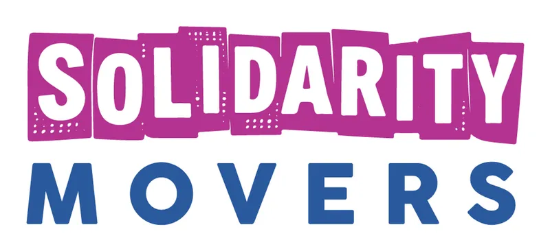 Solidarity Movers logo - SOLIDARITY on pink blocks and MOVERS in blue