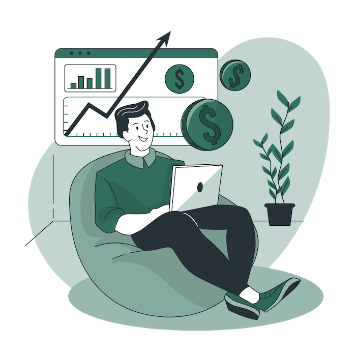 A happy man analyzing finance