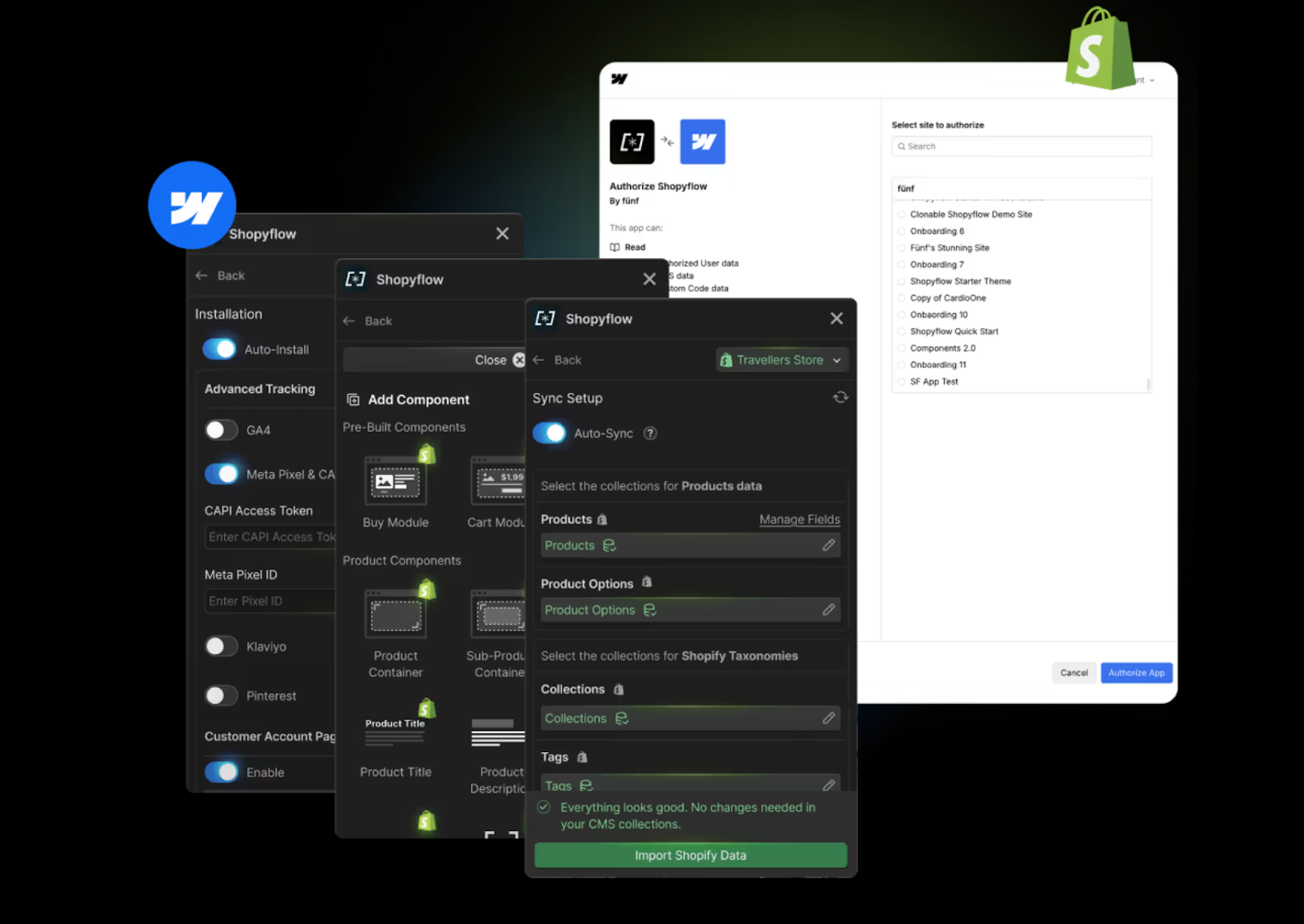 Shopyflow app installation and configuration interface within Webflow Designer showing sync setup between Shopify and Webflow platforms