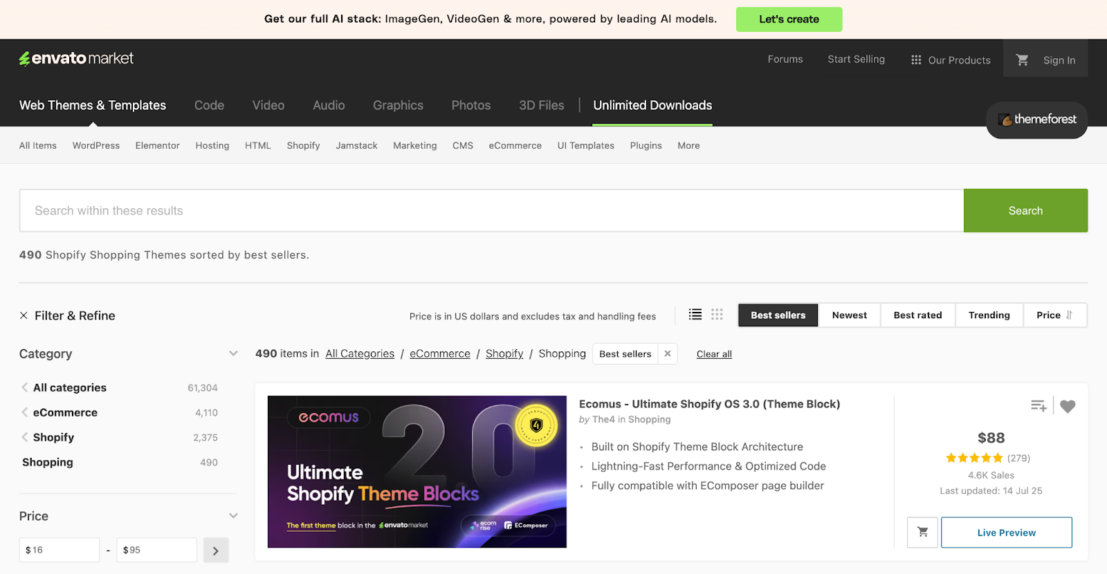 Envato ThemeForest marketplace showing 490 Shopify shopping themes search results, demonstrating abundance of similar e-commerce templates