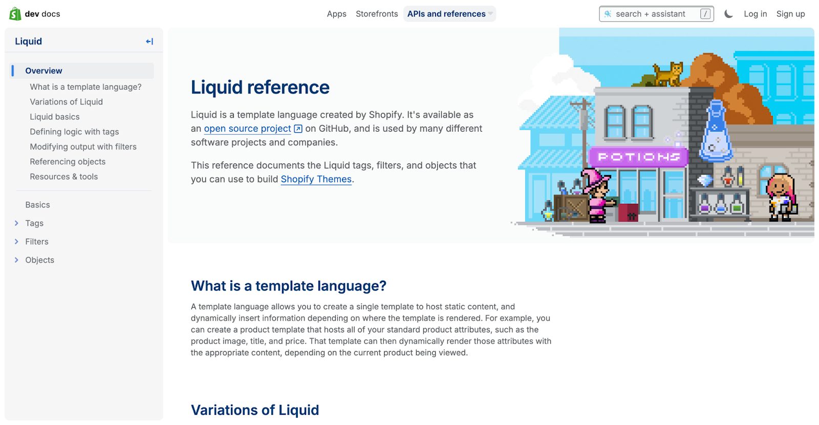Shopify Liquid templating language documentation page showing developer resources and coding requirements for theme customization
