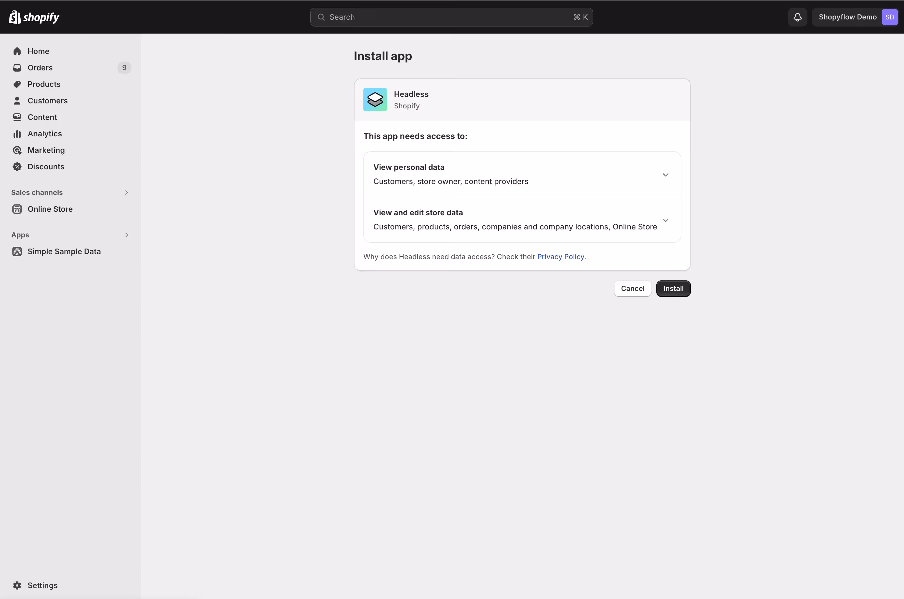 App development screen in Shopify