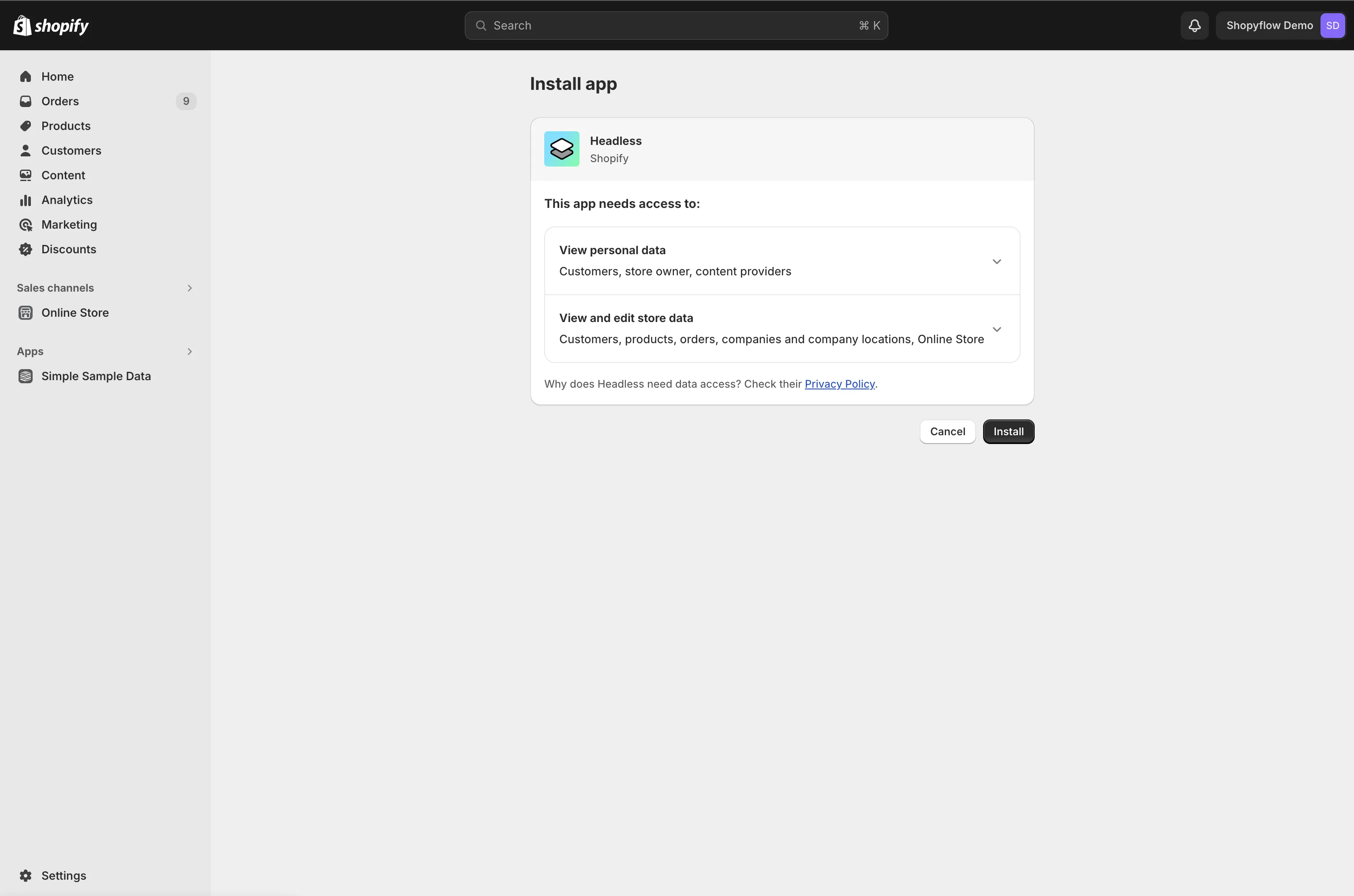 App development screen in Shopify