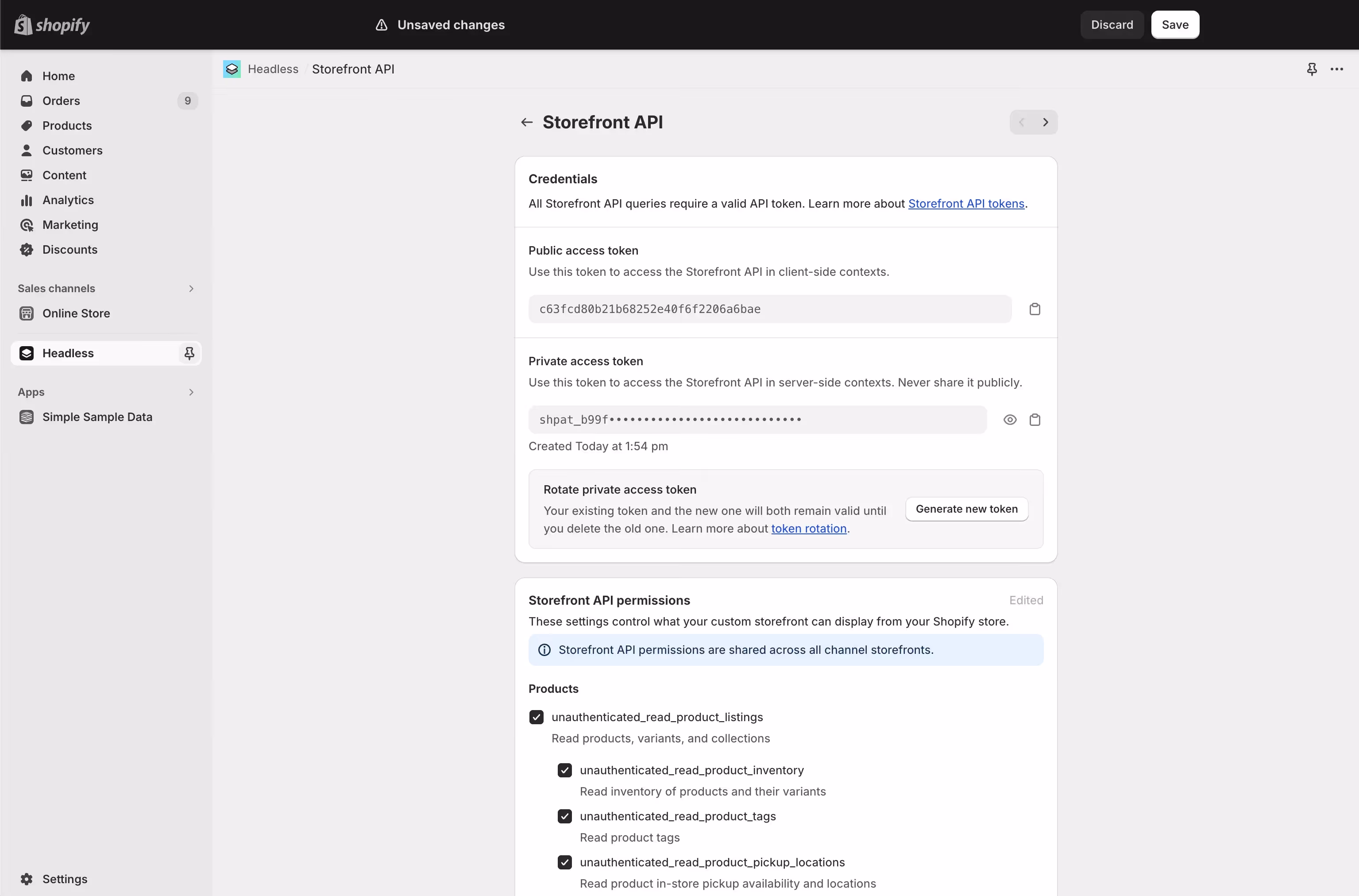 Storefront API access token field in Shopify