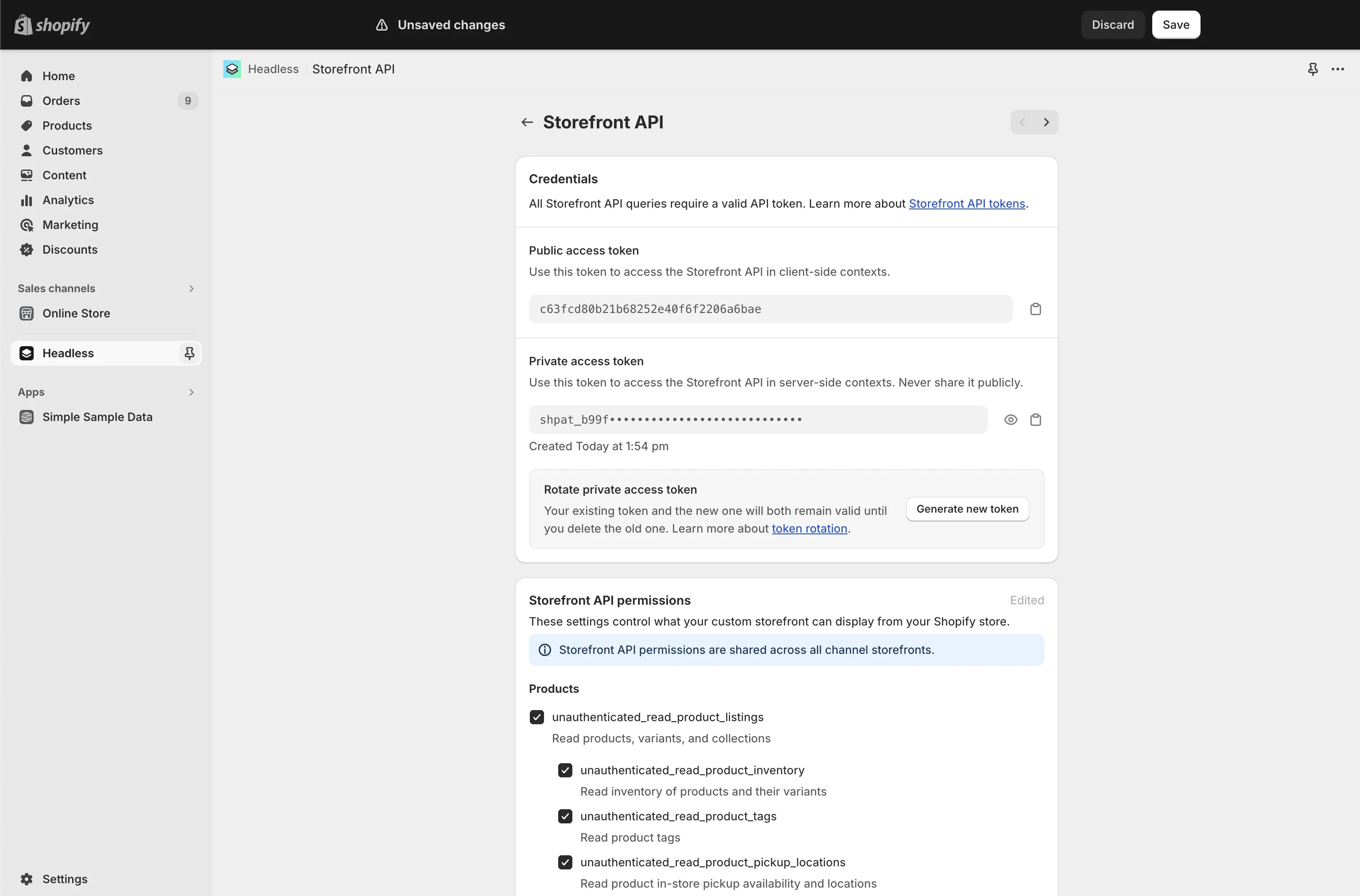 Storefront API access token field in Shopify