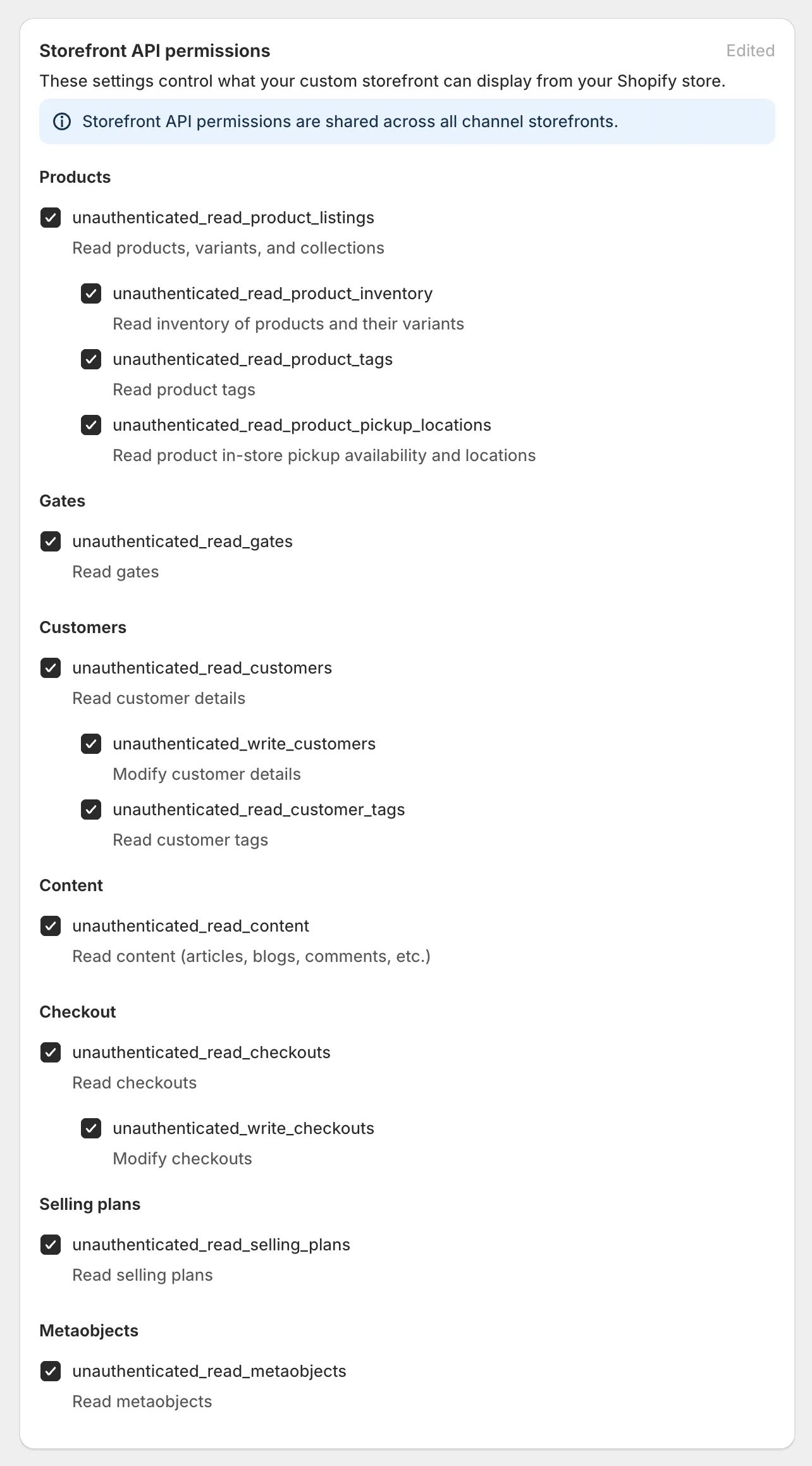 Storefront API access scopes screen in Shopify