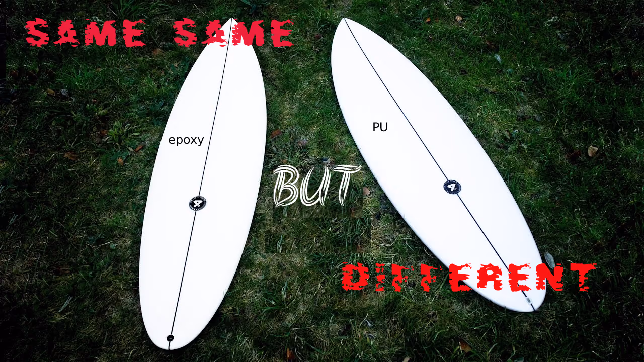 An epoxy surfboard next to a PU surfboard on the grass