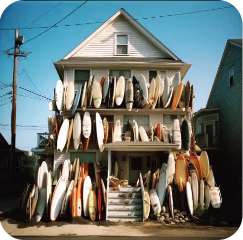 a house with 100's of surfboards stacked outside