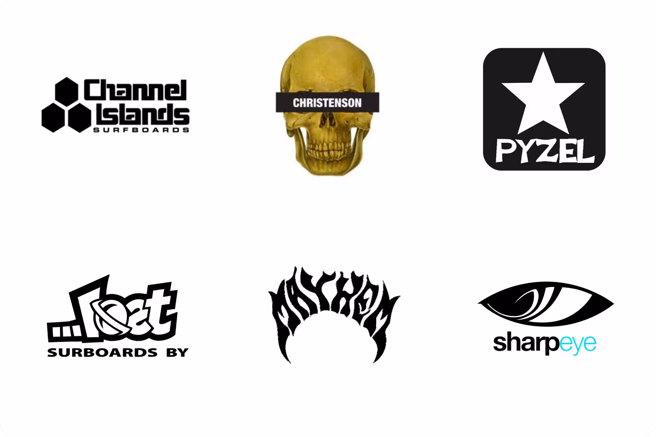 The logos for Channel Islands Surfbiards, Pyzel Surfboards, Christenson Surfboards, Lost by Mayhem Surfboards and Sharp Eye Surfboards