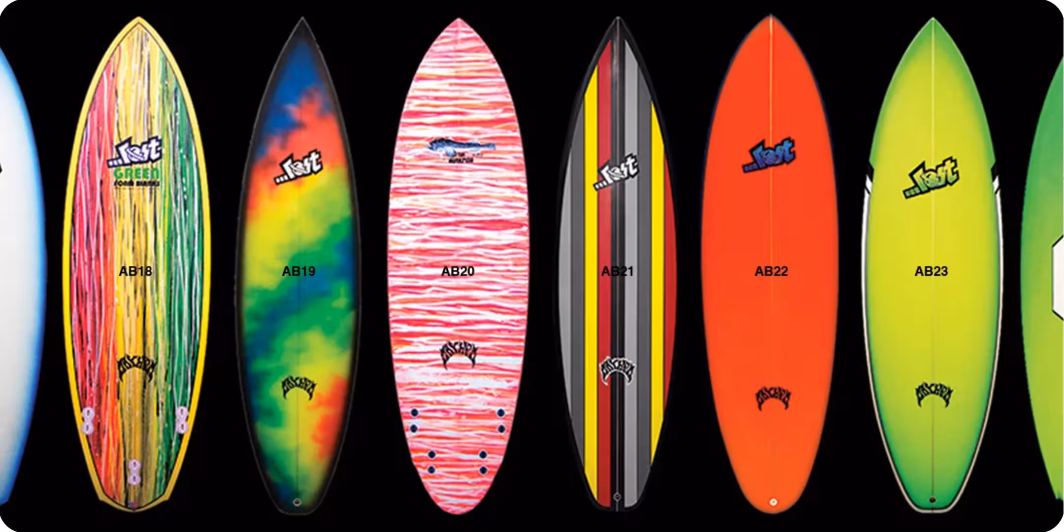 A row of old Lost surfboard classic models