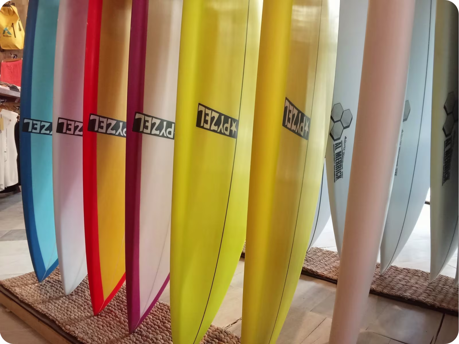 A close up of Pyzel surfboards in the Flow Surf Lombok store