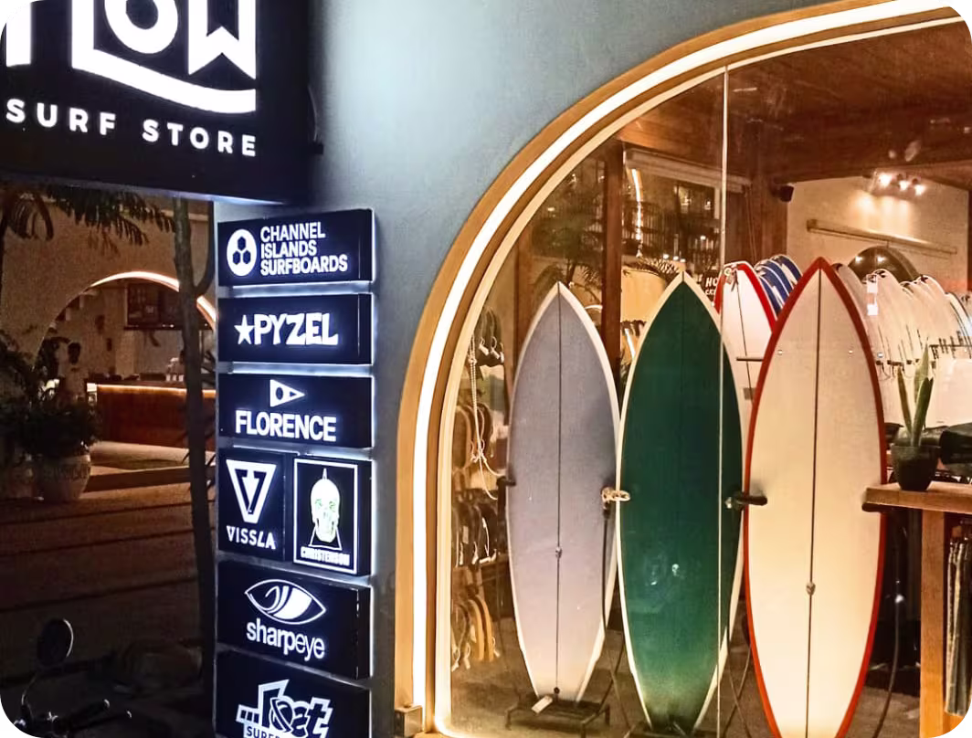 Flow surf store from outside at night