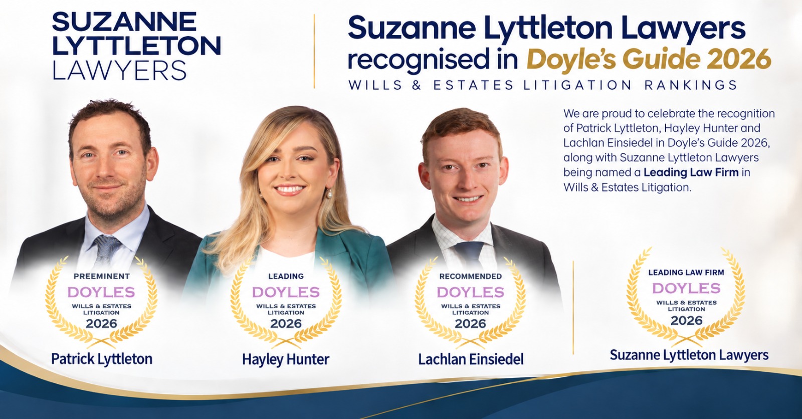 Suzanne Lyttleton Lawyers recognised in the Doyle’s Guide 2026 Wills & Estates Litigation rankings: Patrick Lyttleton pre-eminent, Hayley Hunter leading, Lachlan Einsiedel recommended, and the firm named a leading law firm.