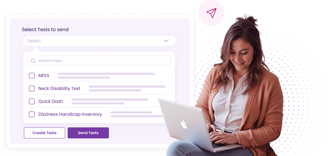 A woman is using a laptop with a purple background.