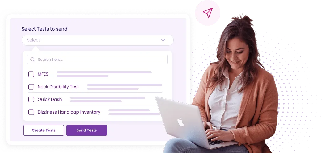 A woman is using a laptop with a purple background.