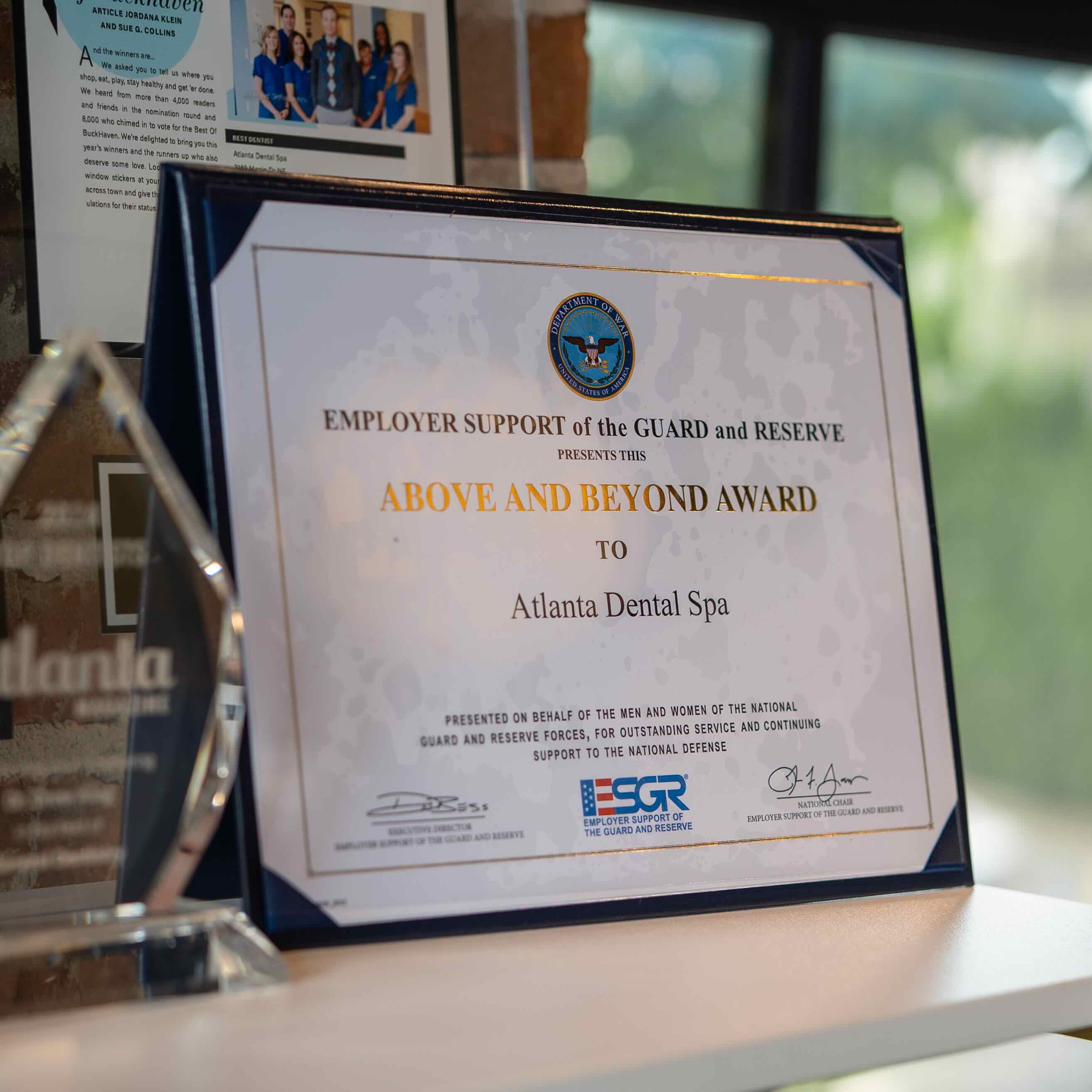ESGR Above and Beyond Award presented to Atlanta Dental Spa