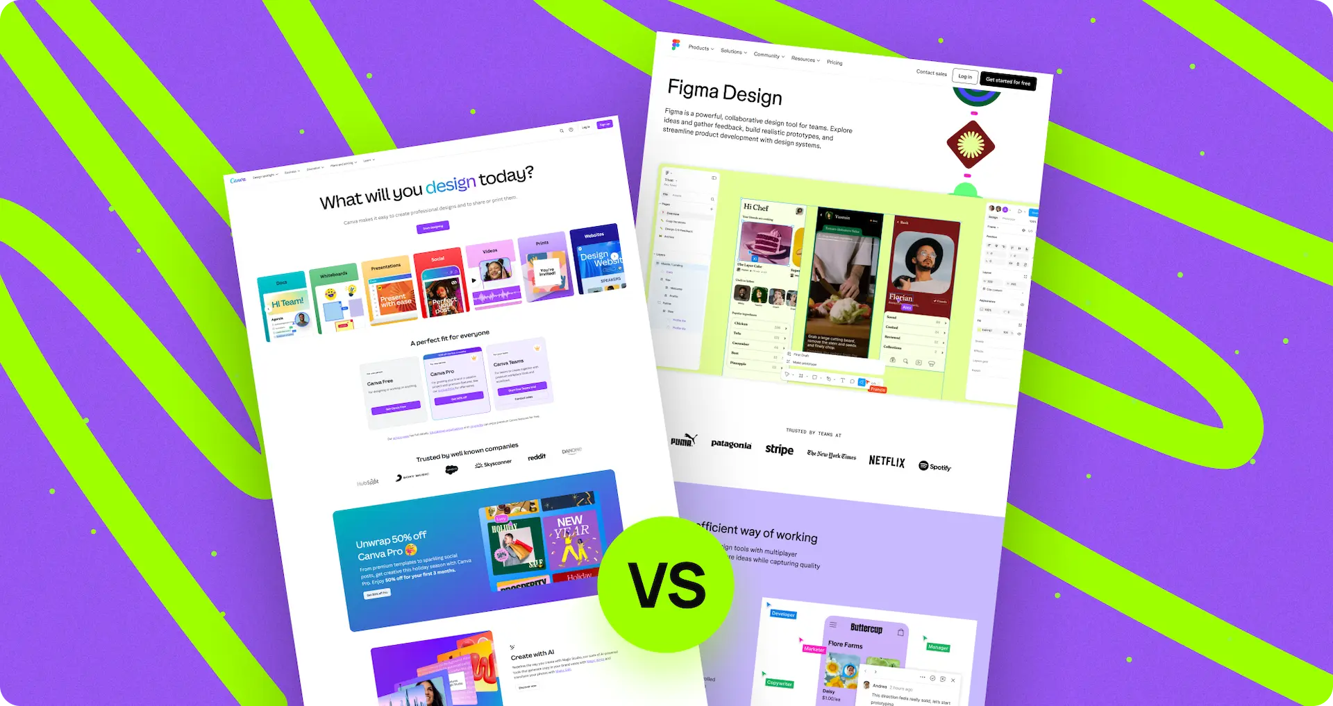 screenshot Figma and screenshot Canva on a purple background with green stripes