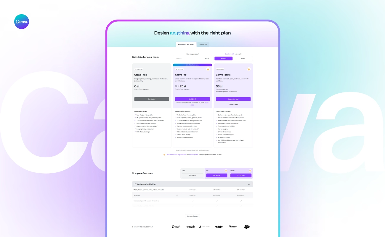 screenshot of tariff plans Canva on a light background