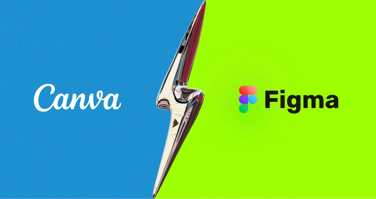 on the left, the Canva logo on a blue background on the right, the Figma logo on a green background