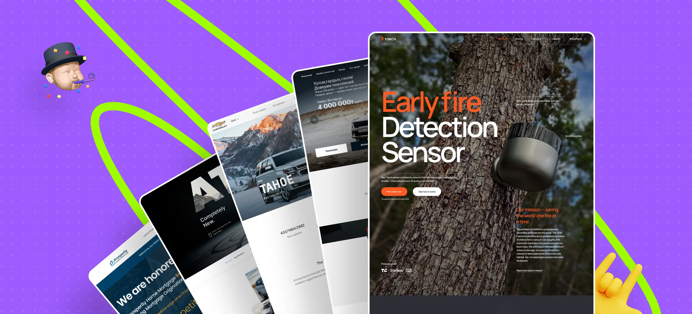 A collage of digital products featuring a fire detection sensor, car ads, and mortgage services, set against a vibrant purple background.