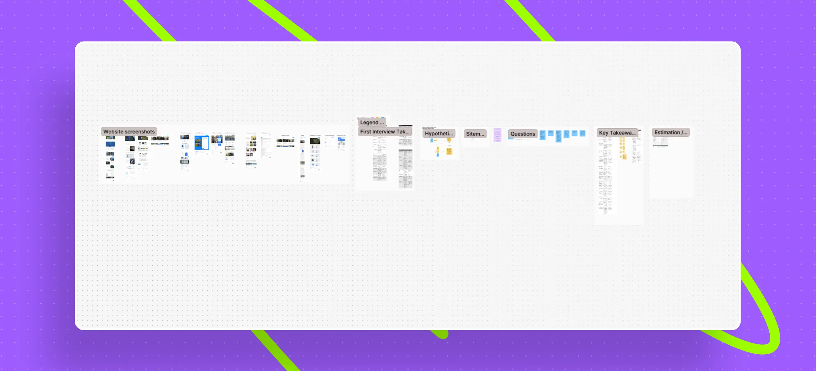 A collage of website screenshots and documents arranged horizontally, featuring notes on interviews, sitemaps, and key takeaways.