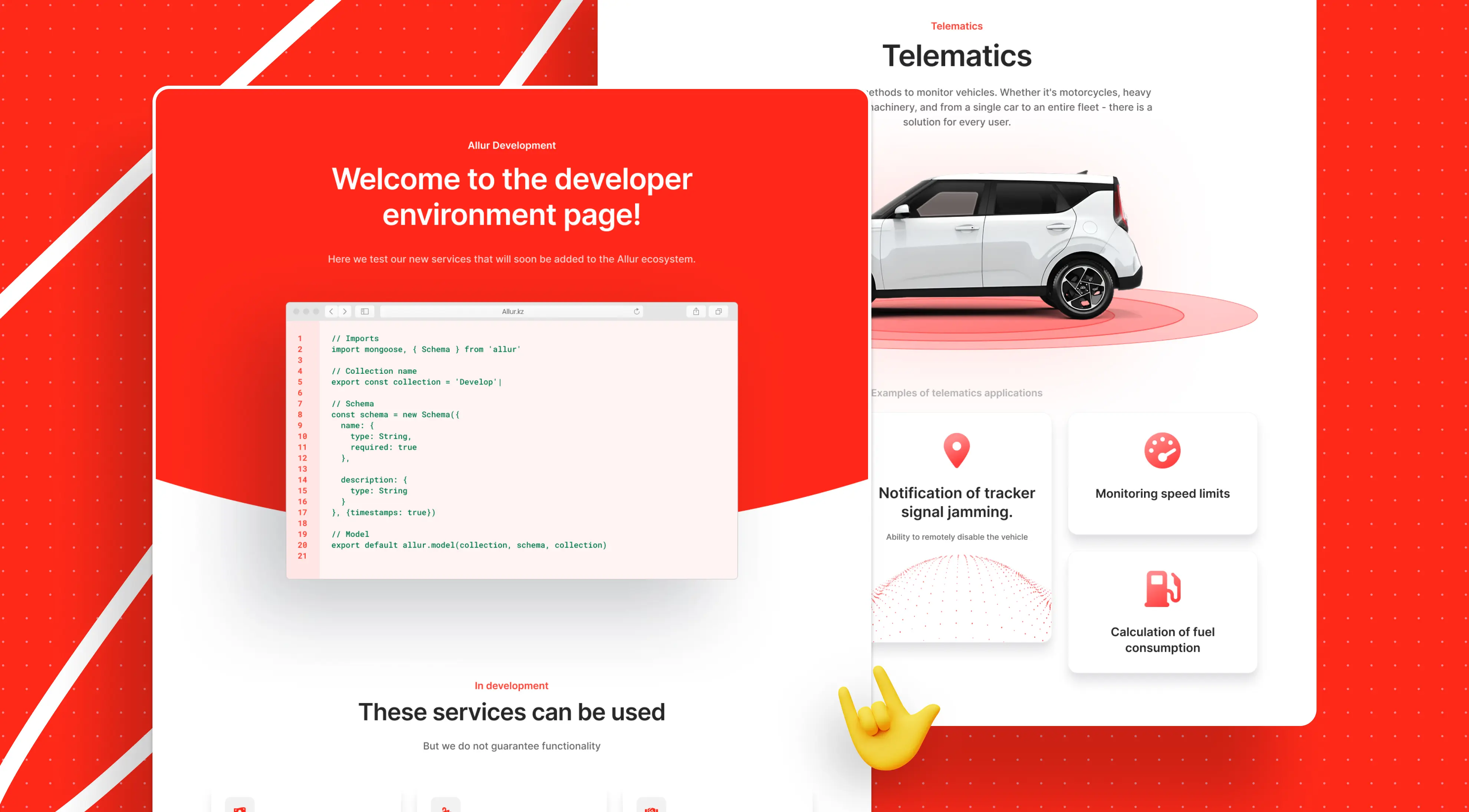 Screenshot of Allur's developer environment, showcasing code and telematics services with a car illustration and red design elements.