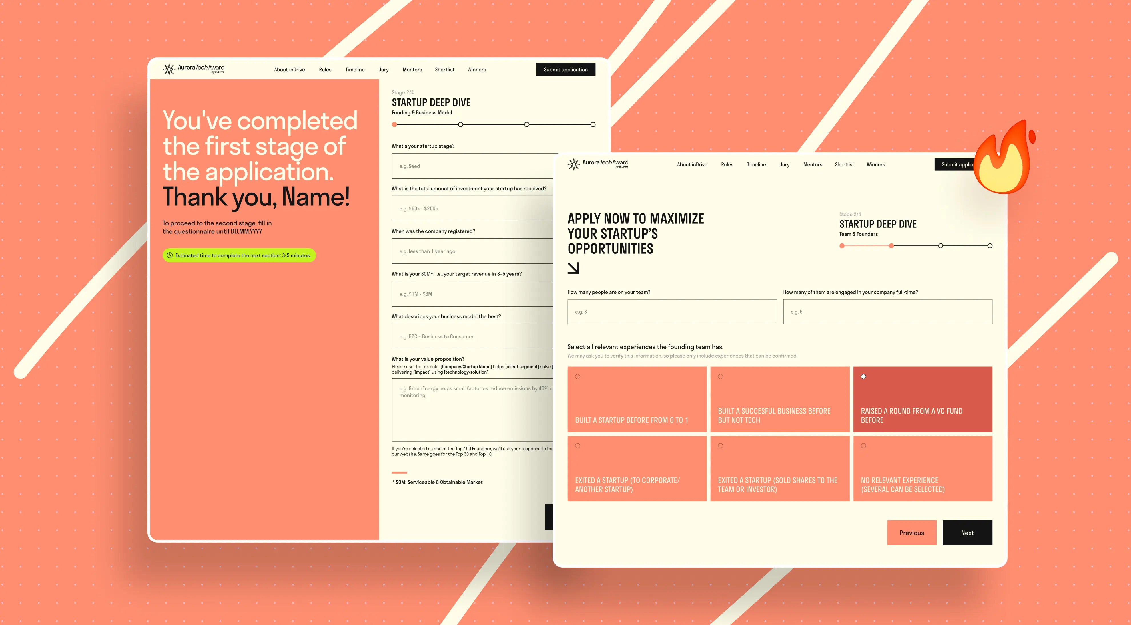 Screenshot of an application page for the Aurora Tech Award, displaying completion confirmation and next steps for startup funding details.