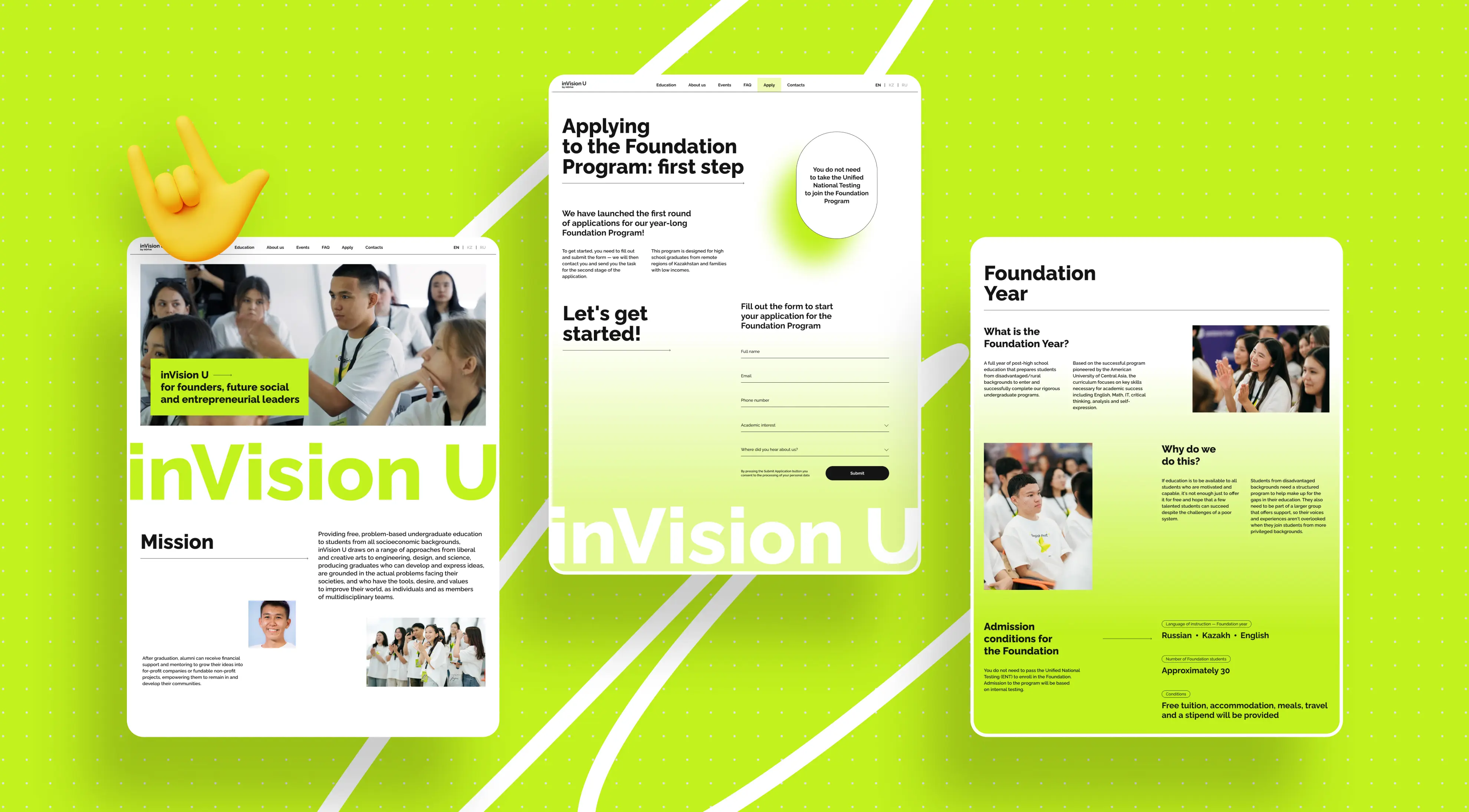 Three webpage mockups on a neon green background display educational content for "inVision U," featuring diverse students and application information.