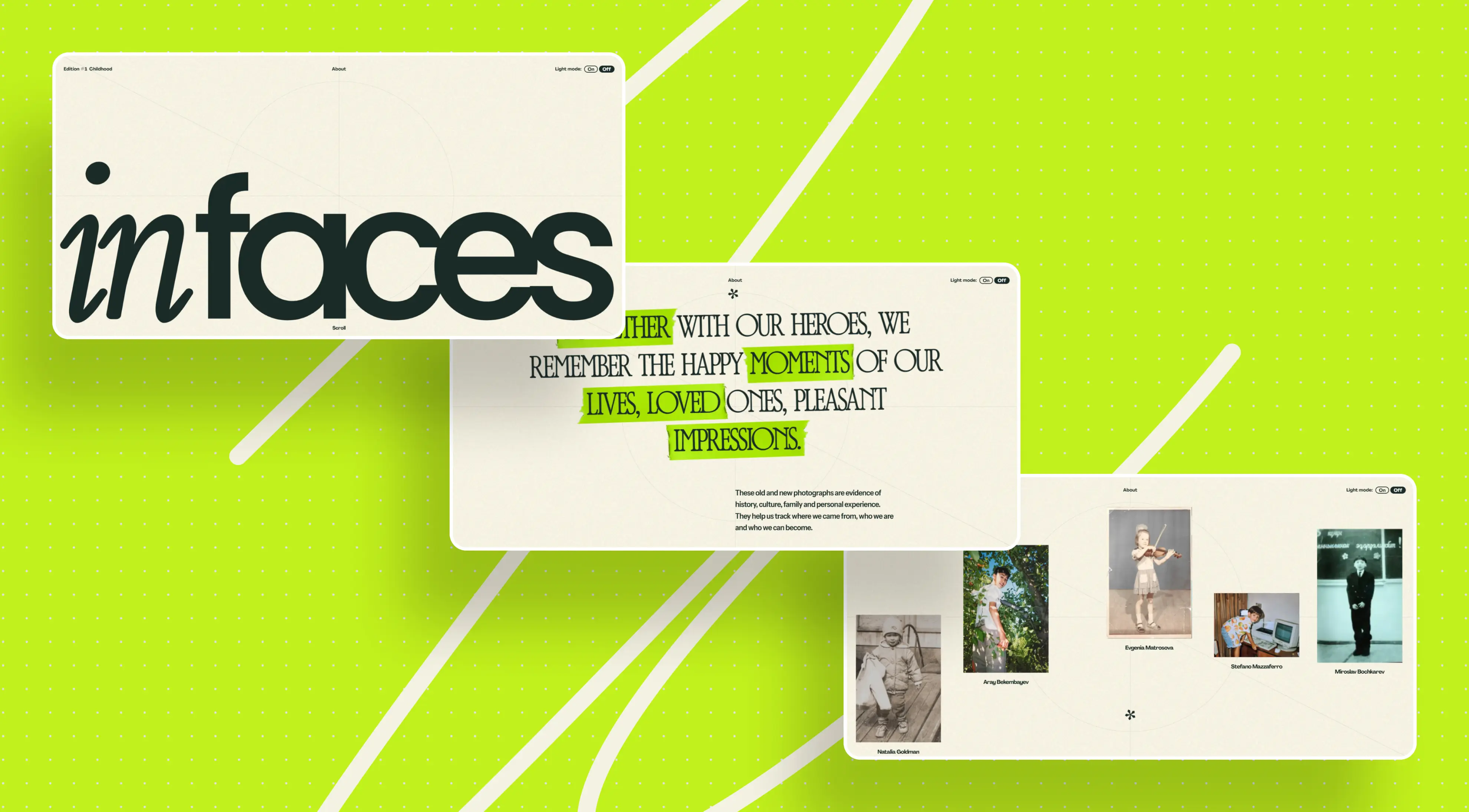 A vibrant website design featuring the title "infaces" and nostalgic content about childhood memories, highlighted by a lime green background.