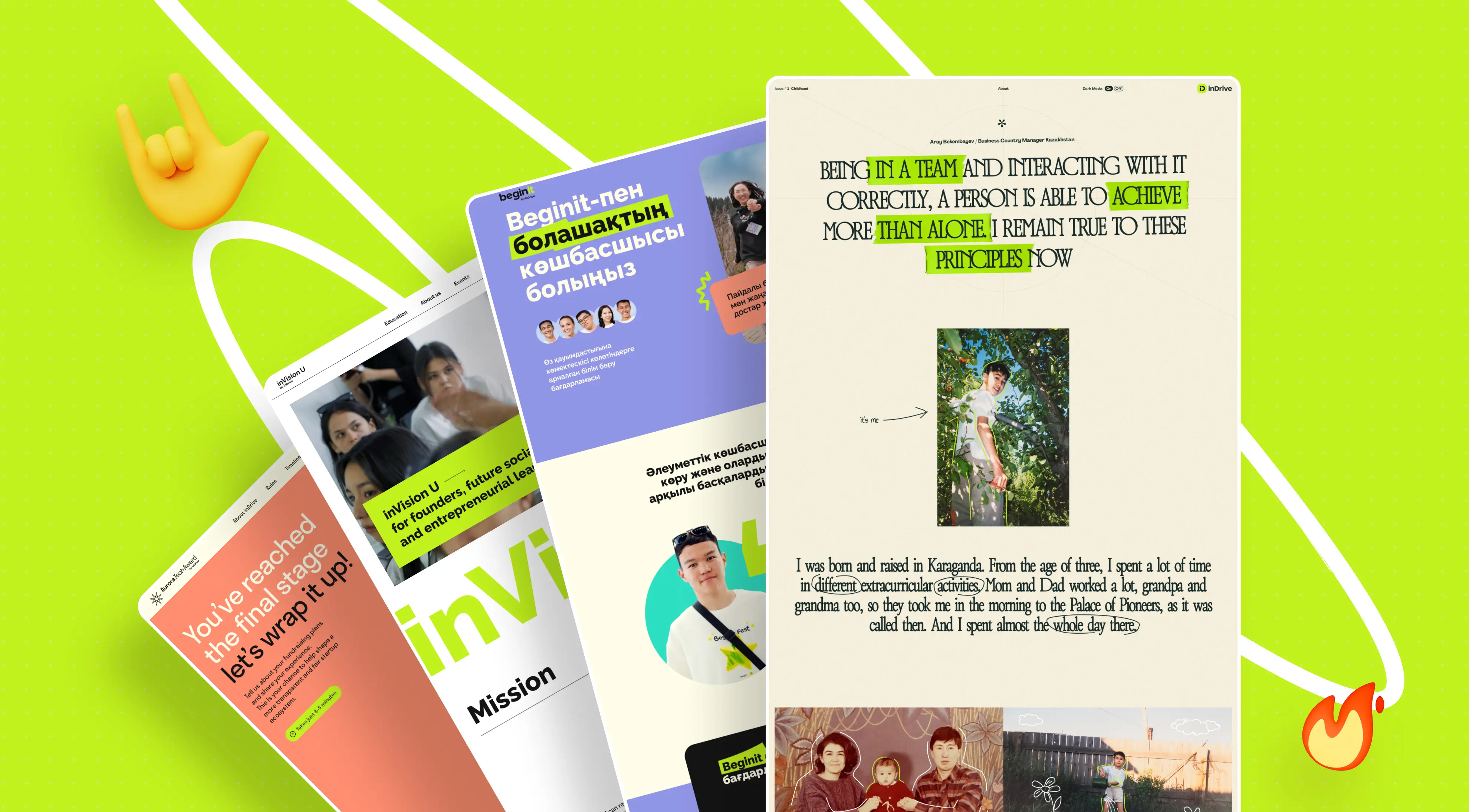 A vibrant layout featuring multiple web pages, quotes, and images related to teamwork, youth initiatives, and personal stories on a bright green background.