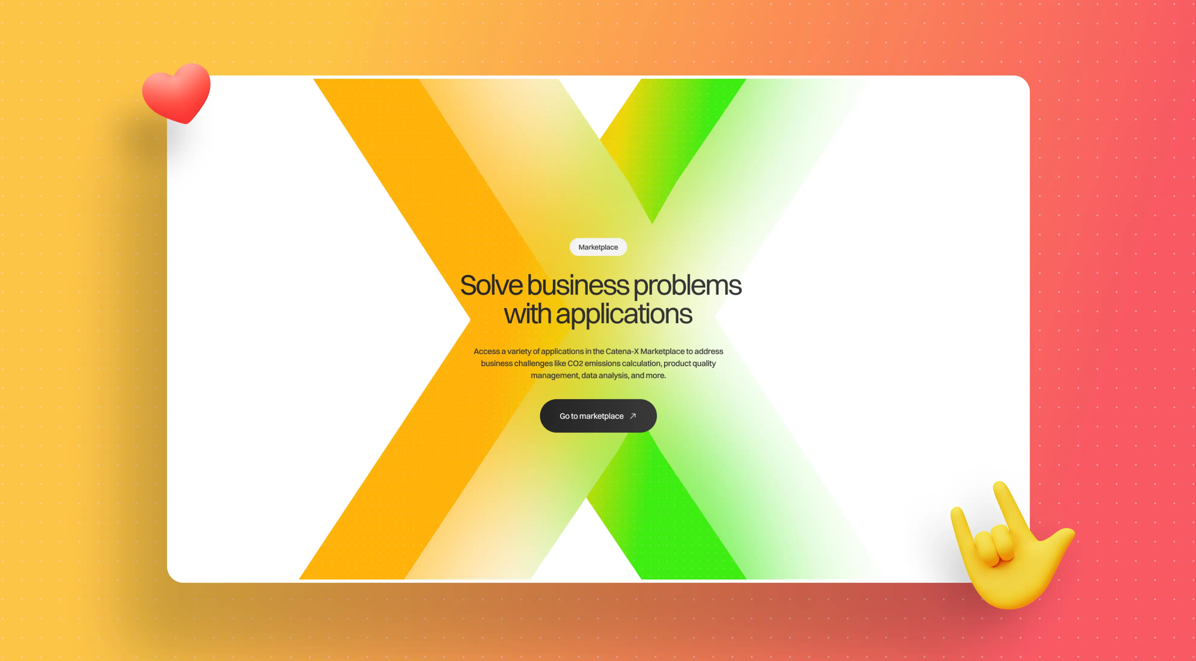 Colorful graphic promoting Catena-X Marketplace for solving business challenges with applications, featuring heart and hand emojis.