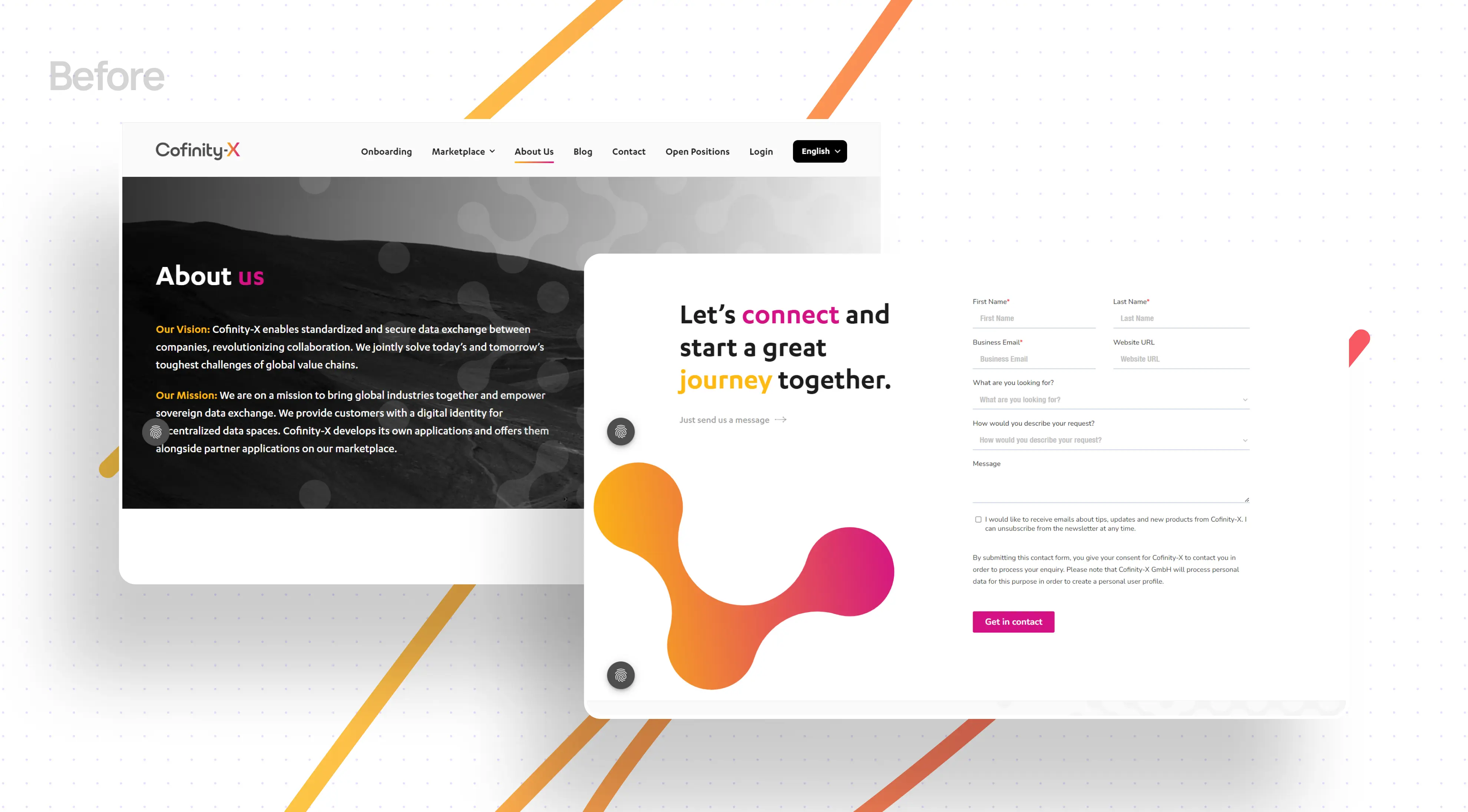 Website redesign concept with two overlapping pages. Left page features a dark 'About us' section, while right page highlights a bright contact form with vibrant orange and pink design elements, conveying a modern and inviting tone.